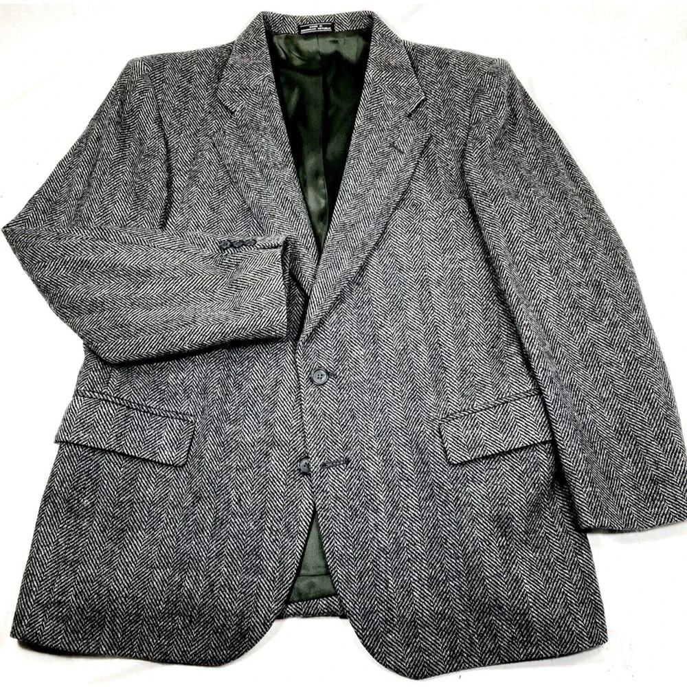 Barrington Vtg Tweed Wool Sport Coat Herringbone Gray Black 40 42 Men Preppy 70s